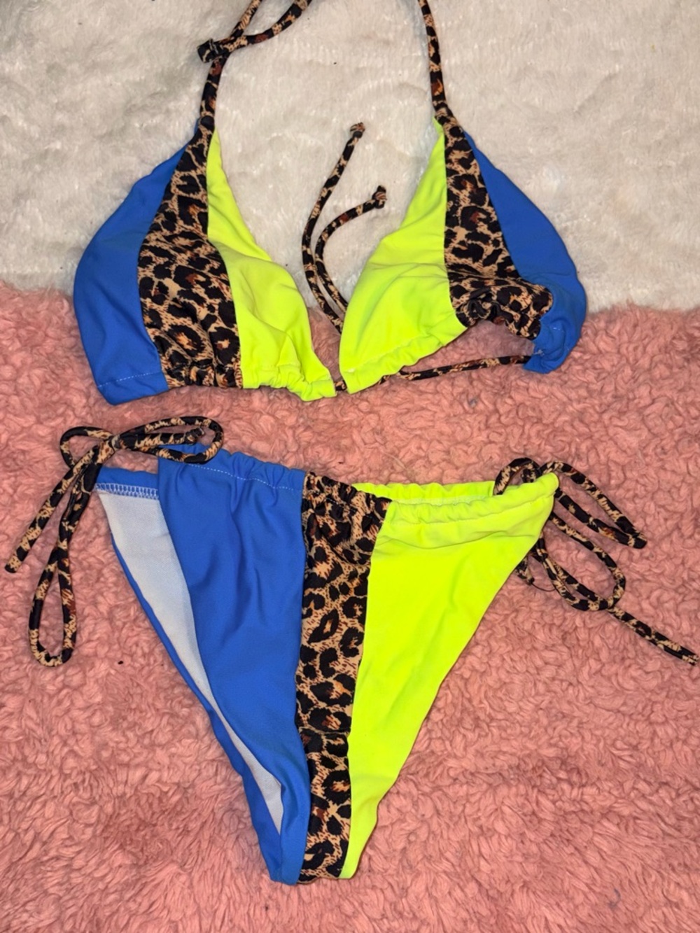 SHEIN Neon Yellow, Bright Blue & Leopard Trim Triangle Bikini